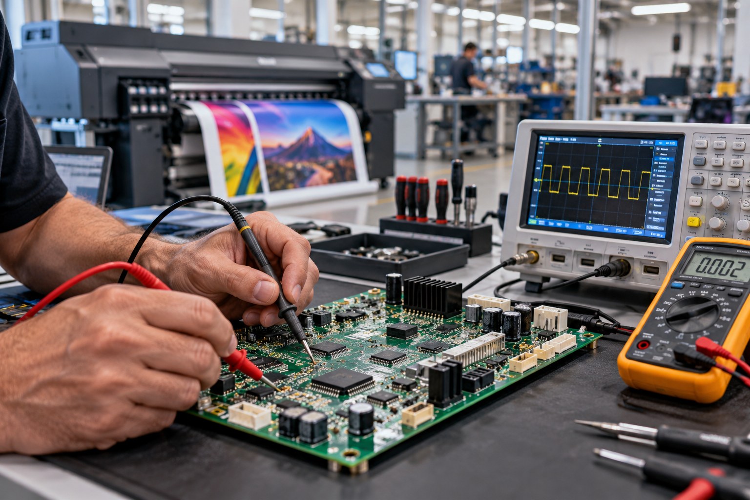 Illustrative company artwork of electronics testing beside a wide-format printer